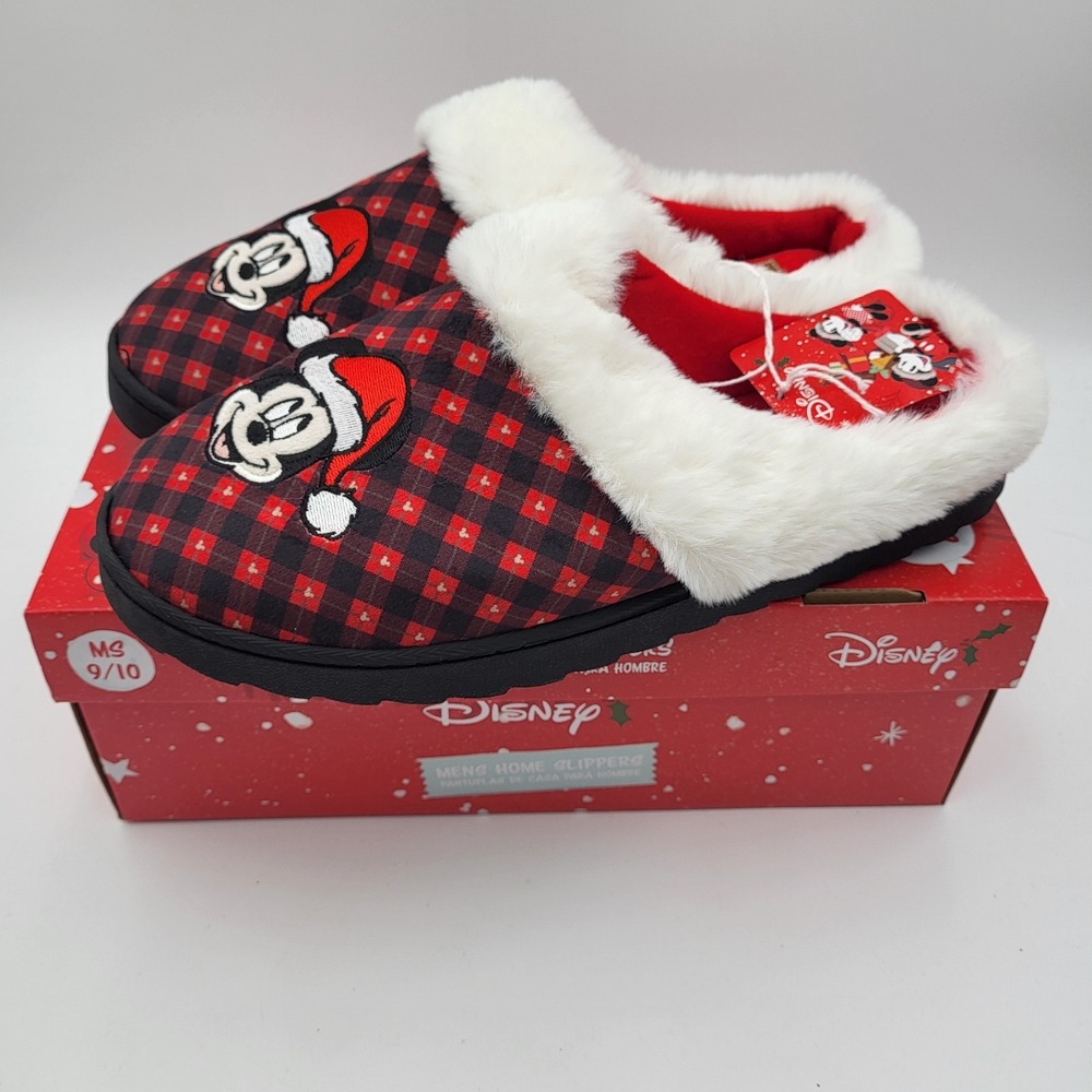 Disney Mickey Mouse Christmas Mens Home Slippers 9/10 Red Plaid Faux Fur